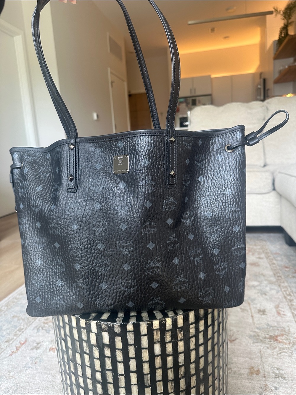 MCM Black Monogrammed Pebbled Leather Tote
